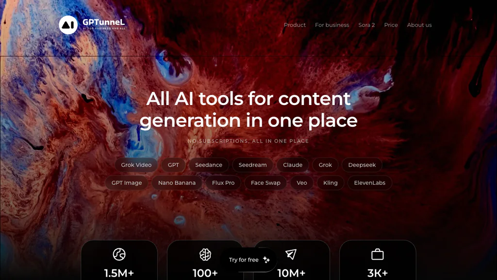 Первый экран AI-платформы GPTunneL с каталогом моделей для генерации контента